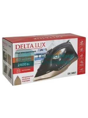 Утюг DELTA LUX DE-3007 черный/золотой, 2400 Вт, 30 г/мин, 150 г/мин, 220 мл