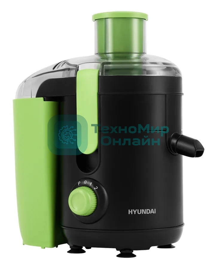 Соковыжималка Hyundai HY-JE1625 чёрный/зелёный, центробежная, 500 Вт, 400 мл, механическое