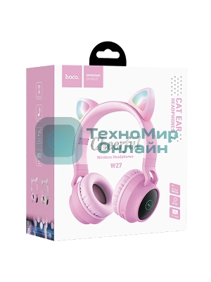 Беспроводные/проводные наушники Hoco W27 розовый, накладные, Bluetooth + проводной, «кошачьи ушки», до 5 ч.