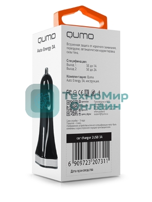 Автомобильное зарядное устройство QUMO 3A, 2 USB, 1A+2A черный