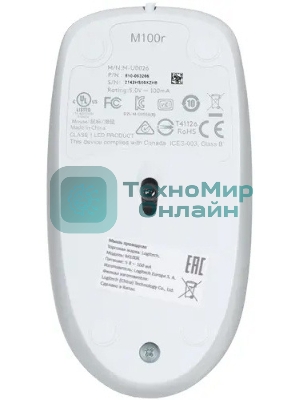 Мышь проводная Logitech M100R белый, 1000 dpi, USB, кнопки - 3