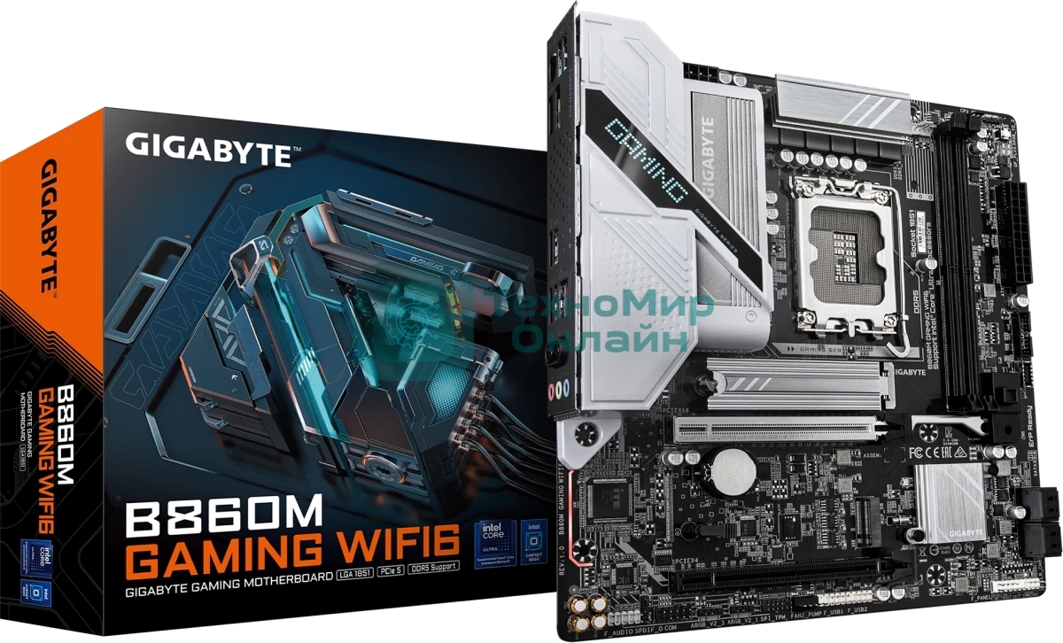 Материнская плата Gigabyte B860M GAMING WIFI6, LGA 1851, Intel B860, 2xDDR5, 4xSATA, 2xM.2, 1xPCIe 5.0 x16, 1xPCIe 4.0 x16, 1xHDMI, 1xDP, 1x2.5Gb LAN, Wi-Fi 6, Bluetooth 5.3, 3xUSB-A 5Gbps, 3xUSB-A 2.0, 1xPS/2, 3x3.5 мм, 7.1, mATX
