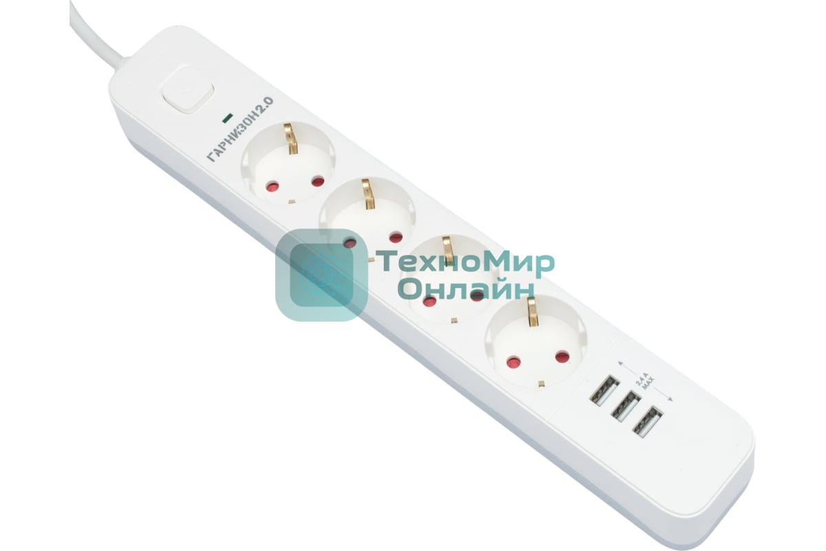Сетевой фильтр Гарнизон 2.0 Мультипорт EPS-4-U3-W-2, 4 р, 10А, 3xUSB, 2 м, ур.защиты 2+, белый, пакет