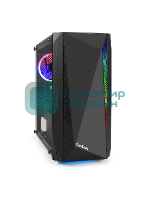 Компьютерный корпус Minitower ExeGate Mistery R2-NPX600 (mATX, БП 600NPX с вент. 12 см, 2*USB+1*USB 3.0, аудио, черный, 1 вент. 12см с RGb подсветкой и полоса на передней панели, боковая панель - закаленное стекло)