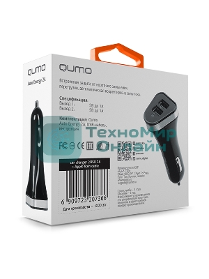 Автомобильное зарядное устройство QUMO 2A, 2 USB, 1A+1A черный, кабель Apple 8 pin в комплекте