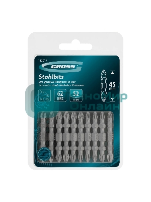 Бита двухстор. Gross PH2-PZ2х45мм, сталь S2, 10шт.