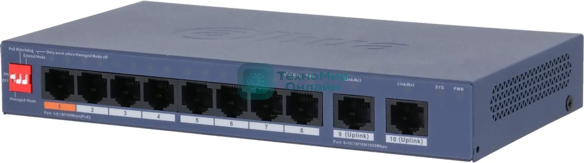 Коммутатор Dahua DH-CS4010-8ET2GT-60 8-портовый PoE с функцией облачного управления, 8xRJ45 100Mb, 2xRJ45 1Gb uplink