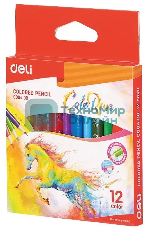 Карандаши цветные Deli EC00400 ColoRun, трехгранный профиль, тополь, 12 цветов, коробка с европодвесом