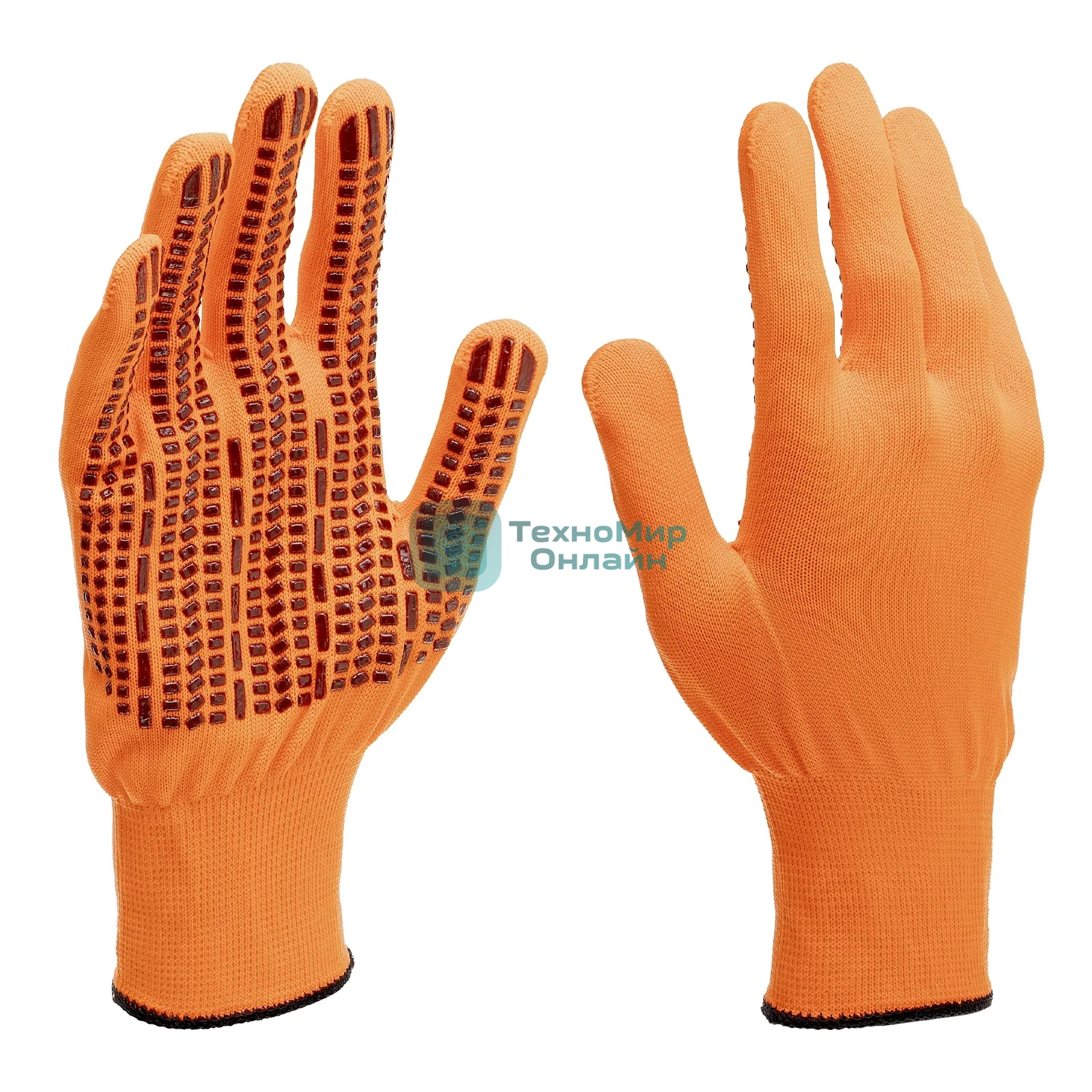 Перчатки Сибртех трикотажные, синтетическая нить, ПВХ-гель точка, оранжевый, L, 13 класс