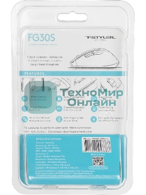 Мышь беспроводная A4Tech Fstyler FG30S белый/серый, 2000 dpi, радиоканал, USB, кнопки - 6