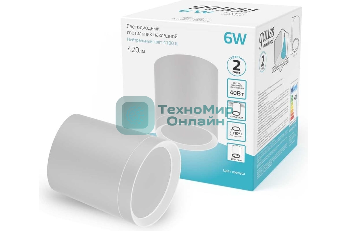 Светильник Gauss Overhead накл цил 6W 420lm 4100K 170-240V IP20 68x75мм белый с расс LED