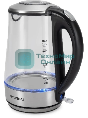 Чайник электрический Hyundai HYK-G8406 1.7 л, 2200 Вт, прозрачный/черный (корпус: нержавеющая сталь)