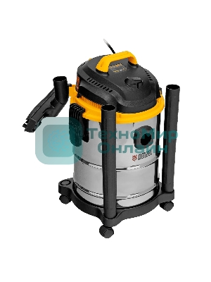 Строительный пылесос Denzel SVC15 серебристый/желтый, 1200 Вт, уборка сухая/сбор воды/выдув, пылесборник мешок, 15 л