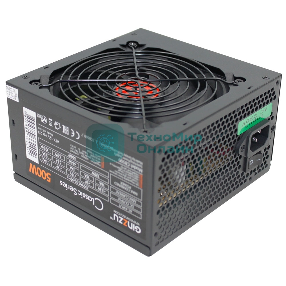 Блок питания Ginzzu CB500 12CM черный,24+4p,PCI-E, 4*SATA, 3*IDE,оплетка MB, кабель питания