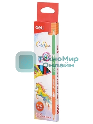 Карандаши цветные Deli EC00500 ColoRun, двухцветные, липа, 12 цветов, коробка с европодвесом (6шт)