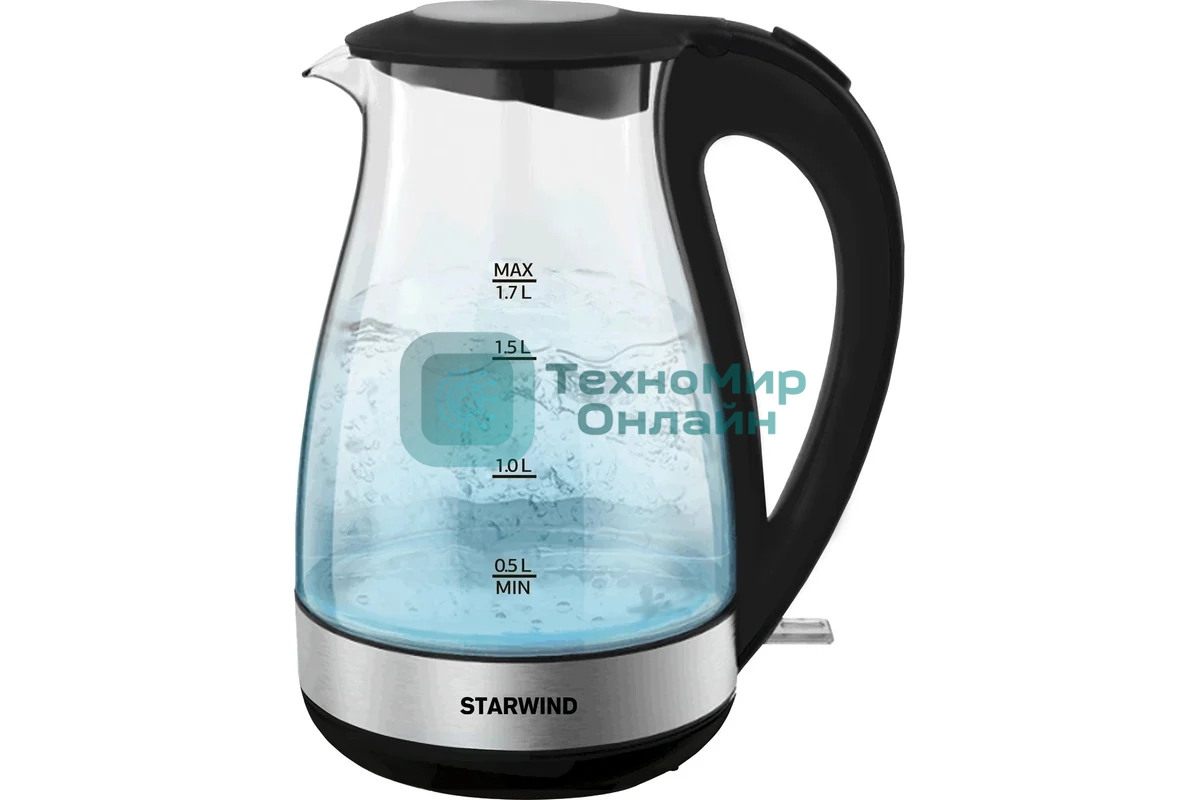 Электрочайник Starwind SKP3039 черный, 1.7 л, 2200 Вт, скрытый нагревательный элемент