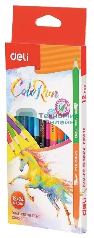 Карандаши цветные Deli EC00520 ColoRun, двухцветные, липа, 24 цвета, коробка с европодвесом (12шт)