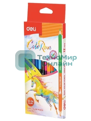 Карандаши цветные Deli EC00520 ColoRun, двухцветные, липа, 24 цвета, коробка с европодвесом (12шт)