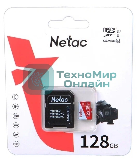 Флеш карта Netac P500 ECO 128Gb MicroSDXC U1/C10 up to 80Mb/s, retail pack with SD Adapter