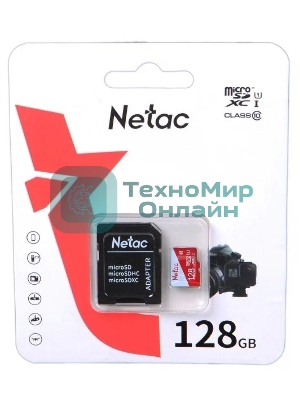 Флеш карта Netac P500 ECO 128Gb MicroSDXC U1/C10 up to 80Mb/s, retail pack with SD Adapter