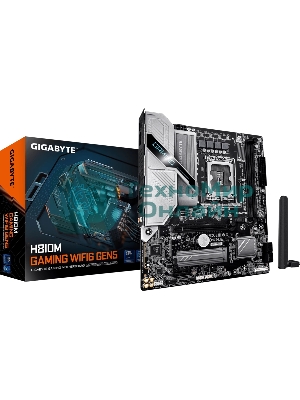 Материнская плата Gigabyte H810M GAMING WIFI6 GEN5, LGA 1851, Intel H810, 2xDDR5, 4xSATA, 1xM.2, 1xPCIe 5.0 x16, 1xPCIe x1, 1xHDMI, 1xDP, 1x2.5Gb LAN, Wi-Fi 6, Bluetooth 5.4, 1xUSB-A 5Gbps, 5xUSB-A 2.0, 1xPS/2, 3x3.5 мм, 7.1, mATX