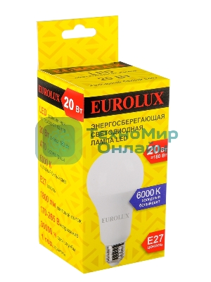 Лампа светодиодная EUROLUX LL-E-A70-20W-230-6K-E27 груша
