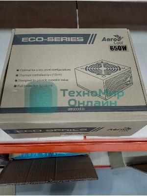 (Поврежденная упаковка) Блок питания 650W AEROCOOL ECO-650 ATX v2.3 Haswell, fan 12cm, 400-mm cable, power cord, 20+4P, 12V 4+4P, 1x PCI-E 6+2P, 5x SATA, 3x P