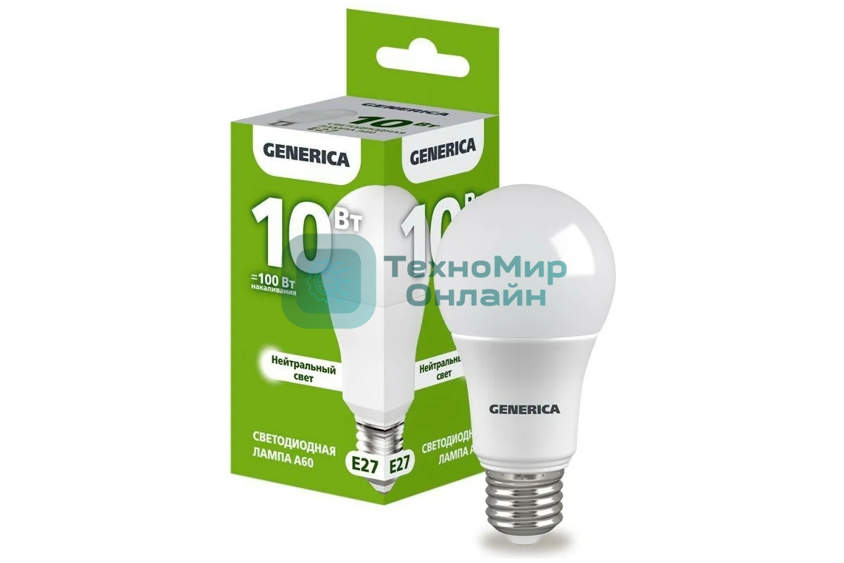 Лампа светодиодная GENERICA LL-A60-10-230-40-E27-G A60 10 Вт грушевидная 4000К E27 230В