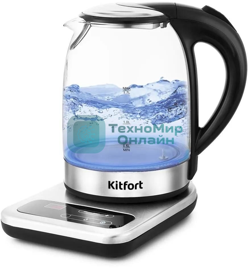 Чайник электрический Kitfort КТ-657, 1.7 л, 2200 Вт, (корпус: стекло), нержавеющая сталь/черный