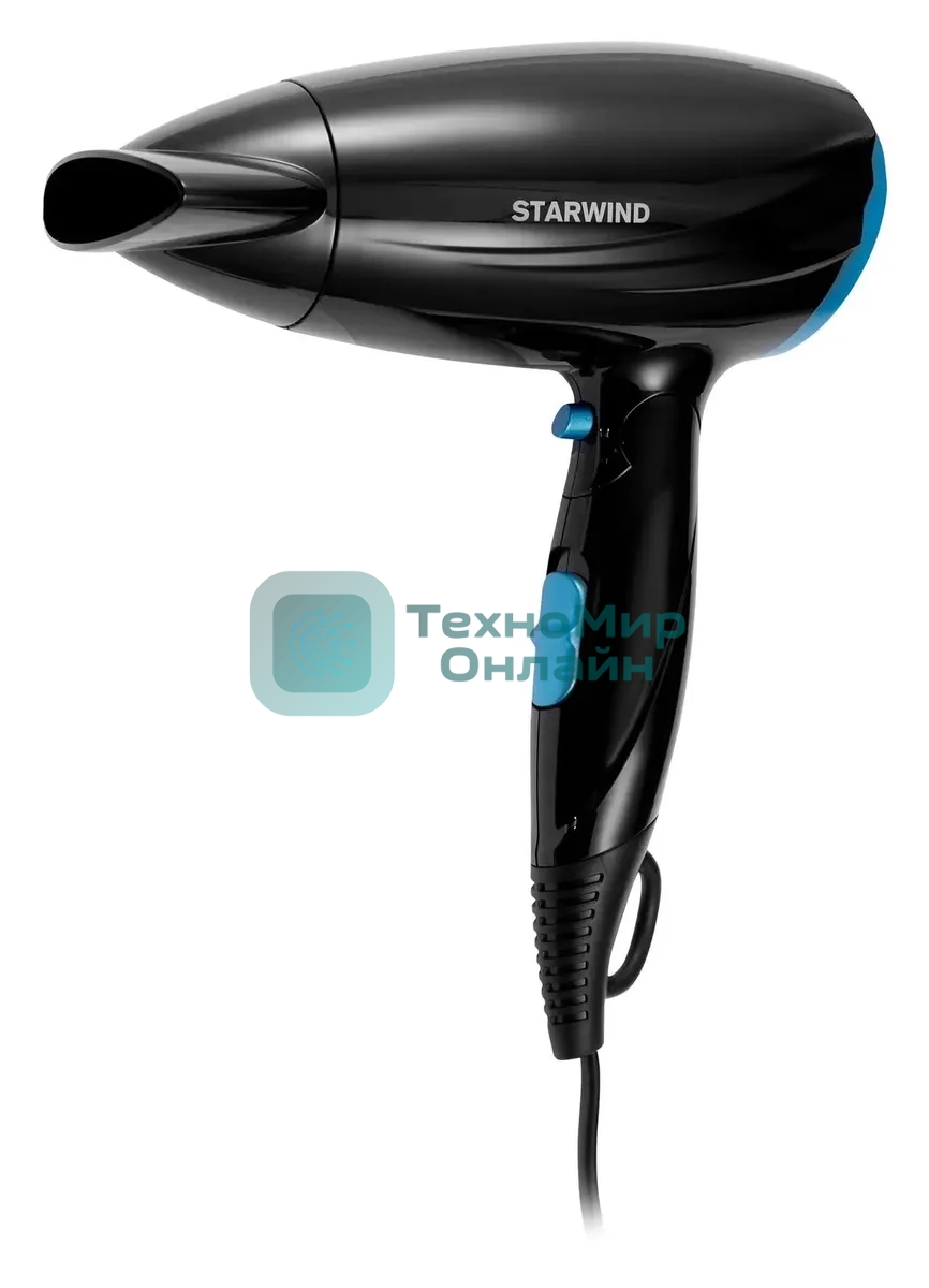 Фен Starwind SHD 7066 черный/синий, 1600 Вт, компактный, ионизация