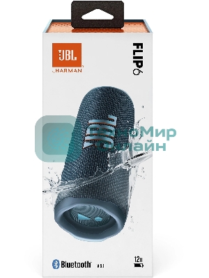 Портативная акустика JBL Flip 6 синий, Bluetooth 5.1, время воспроизведения 12 ч, емкость аккумулятора 4800 mAh, время заряда 2,5 ч, синий