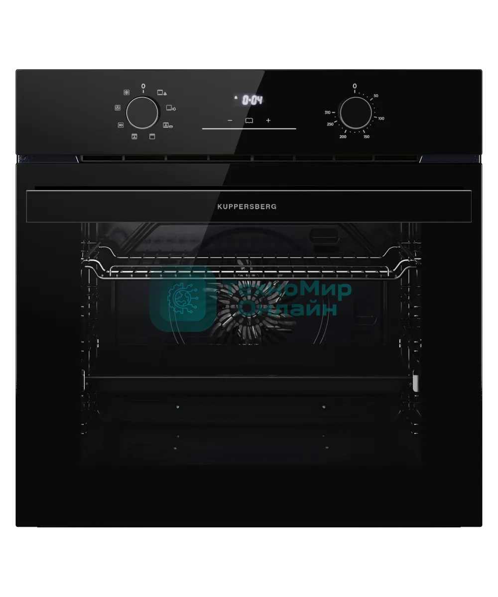 Духовой шкаф Kuppersberg HO 608 Black Glass, High-Tech, 78 л, поворотное управление, дисплей, таймер, 8 режимов, макс. температура 310 градусов, телескопические направляющие (на 1 уровень), цвет черный, цвет фурнитуры черный