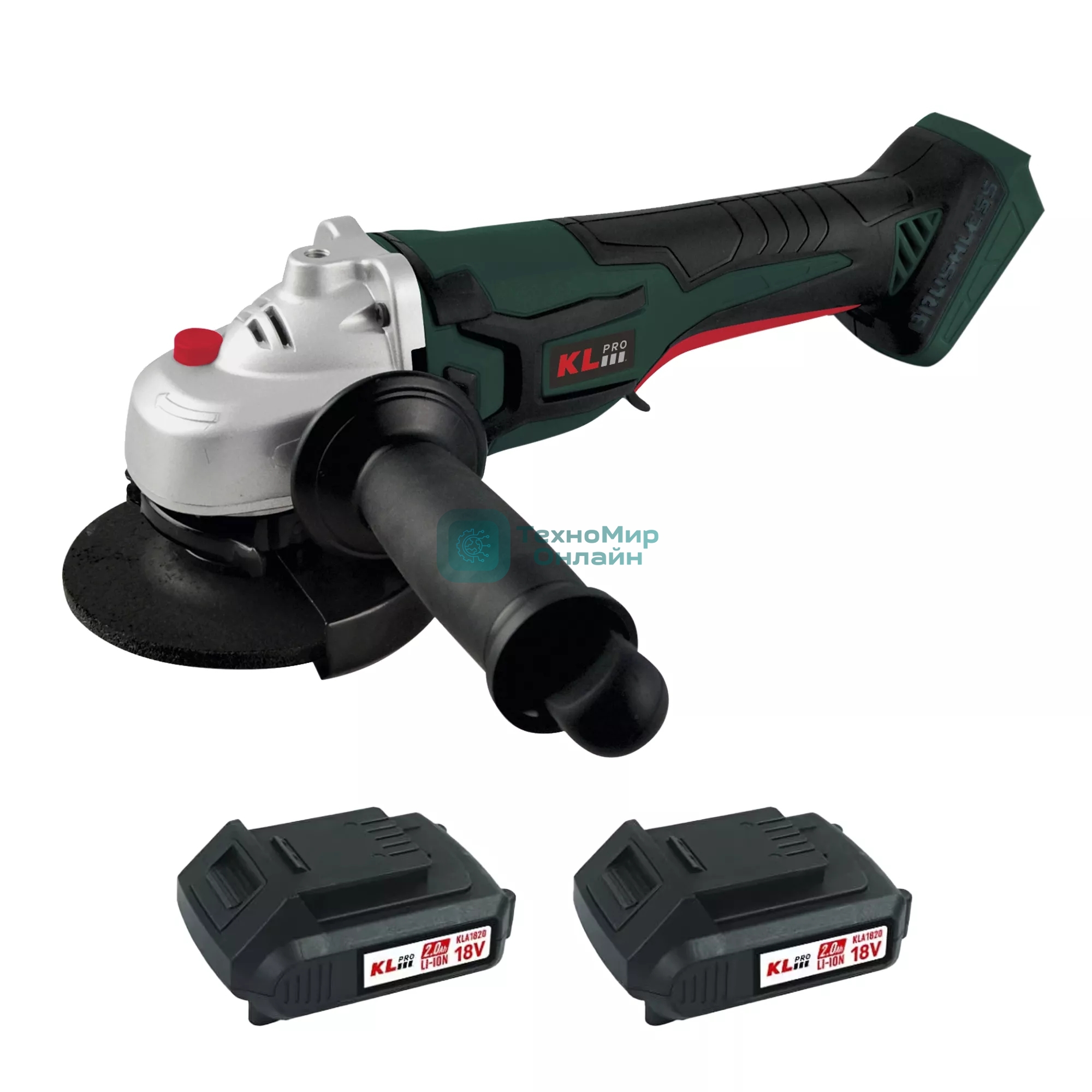 Угловая шлифовальная машина бесщеточная (болгарка) аккумуляторная KLPRO KLAT18B-20 (18В, Li-ion-2шт, 2.0Ач, 115мм, М14, 8500 об/мин З/У,сумка)