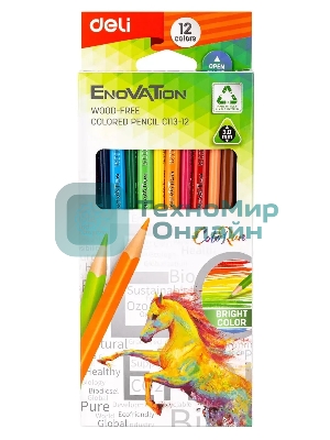Карандаши цветные Deli EC113-12 Enovation, трехгранный профиль, пластик 12 цветов, коробка с европодвесом (12шт)