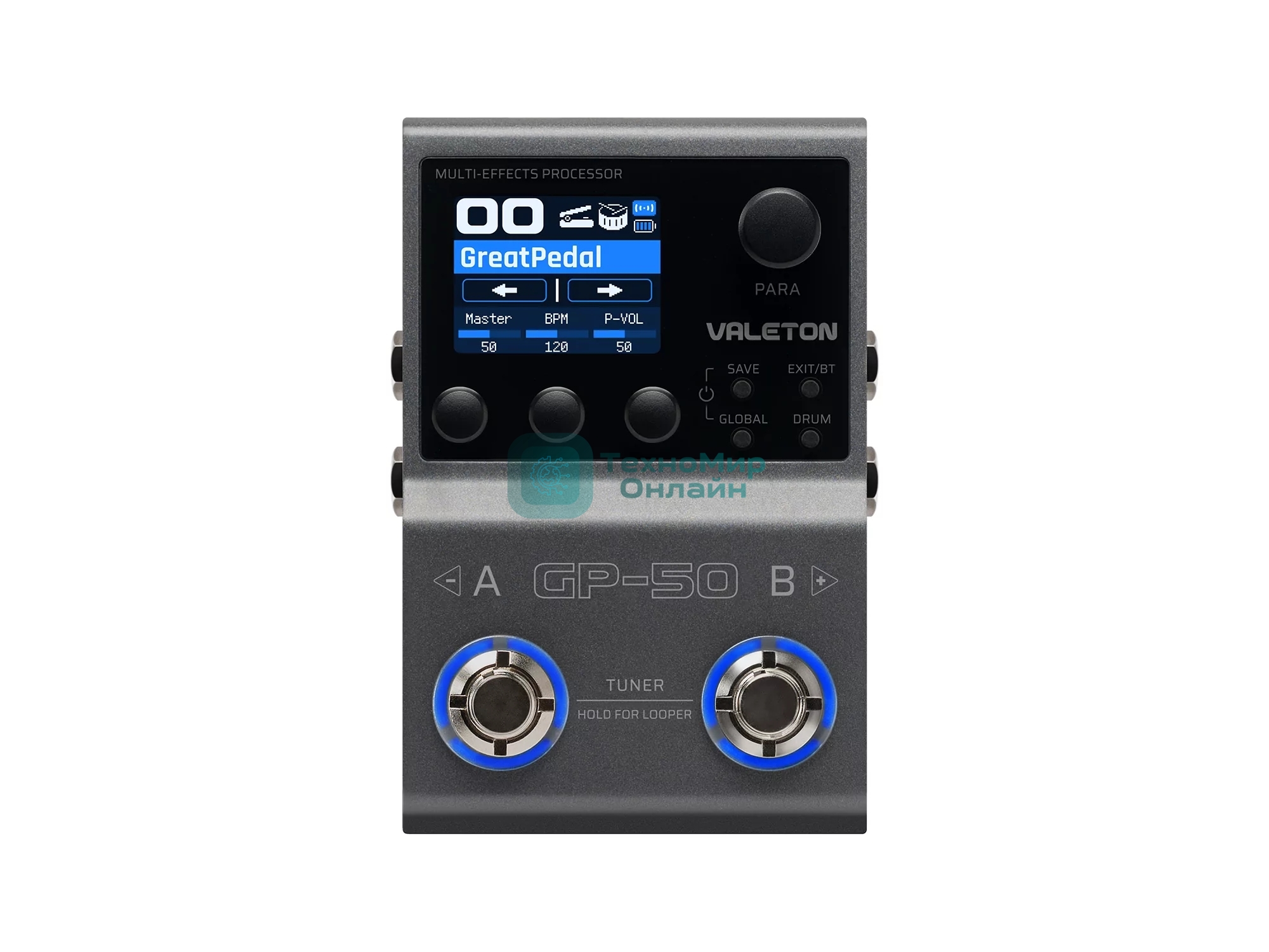 Компактный процессор эффектов Valeton GP-50 100+ эффектов, до 9 эффектов одновременно, поддержка IR импульсов гитарных кабинетов, возможность подключения к приложению на смартфоне, USB выход для подключения к ПК, поддержка Bluetooth 5.0 для управления