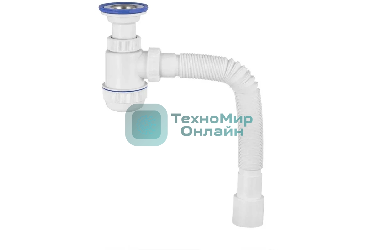 Сифон МИНИ ЭЛИТ для раковин 1'1/2 x 40/50 мм с нержавеющей чашкой 63 мм и с гофротрубой L800 мм, литой выпуск