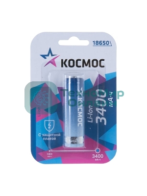 Аккумулятор Li-ion 18650 3400 мАч с защитой (блист.1шт) Космос KOC18650Li-ion34PBL1