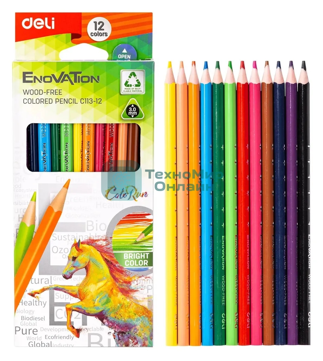 Карандаши цветные Deli EC113-12 Enovation, трехгранный профиль, пластик 12 цветов, коробка с европодвесом (12шт)