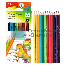 Карандаши цветные Deli EC113-12 Enovation, трехгранный профиль, пластик 12 цветов, коробка с европодвесом (12шт)