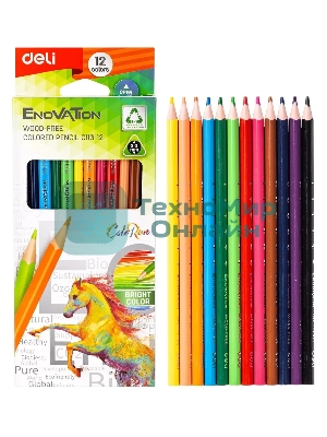 Карандаши цветные Deli EC113-12 Enovation, трехгранный профиль, пластик 12 цветов, коробка с европодвесом (12шт)