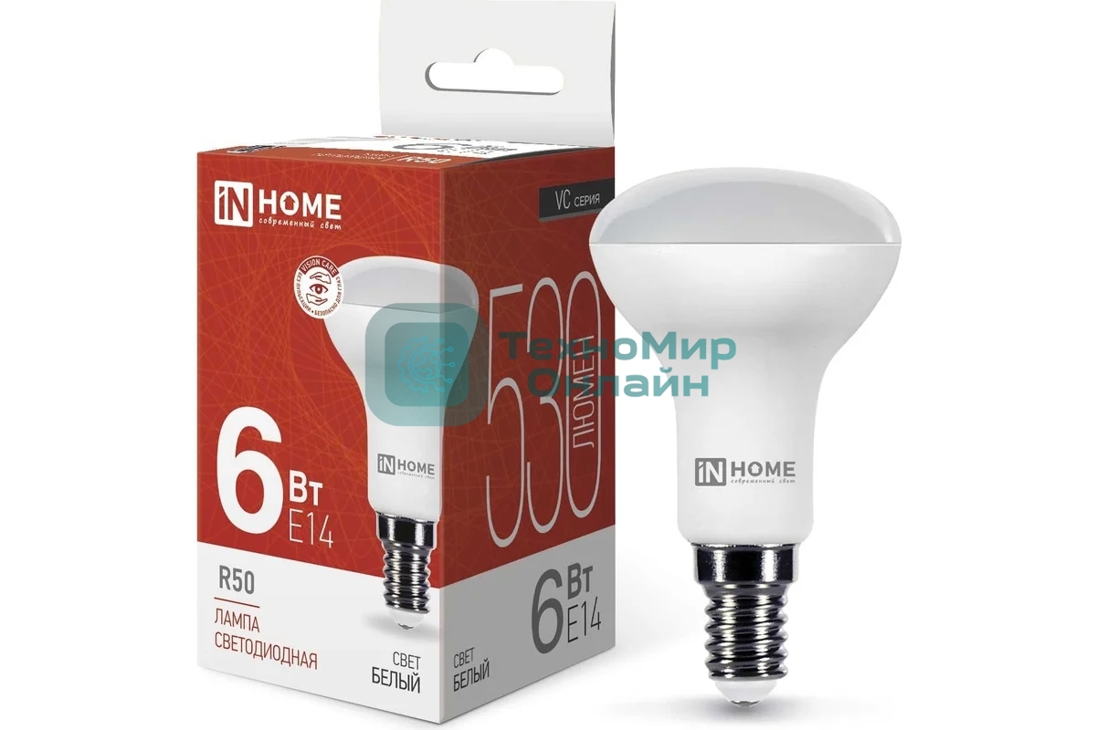 Лампа светодиодная IN HOME LED-R50-VC (4690612024264) 6 Вт 4000К нейтр. белый E14 525лм 230В