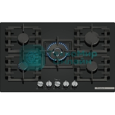 Газовая варочная панель Bosch PPQ7A6I45, 75 см, закаленное стекло, черная, 5 конфорок, 1 WOK-конфорка c 2 контурами пламени, 1 конфорка повышенной мощности, FlameSelect, индивидуальные чугунные решетки, газ-контроль, автоматический электроподжиг, сделано в Испании