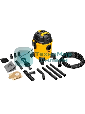 Строительный пылесос Denzel RVC20 желтый, 1400 Вт, уборка сухая/сбор воды/выдув, пылесборник мешок/контейнер, 20 л