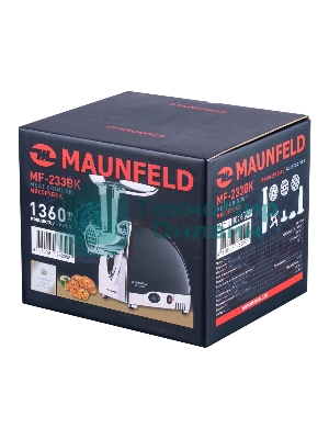 Мясорубка электрическая Maunfeld MF-233BK черный, 1360 Вт, 1.5 кг/мин, реверс, металлический лоток, насадки - 5