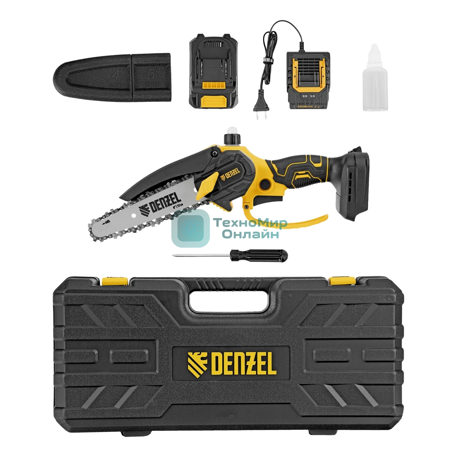 Цепная мини-пила аккумуляторная бесщет. Denzel CCS-150, шина 150 мм, Li-Ion, 20 В