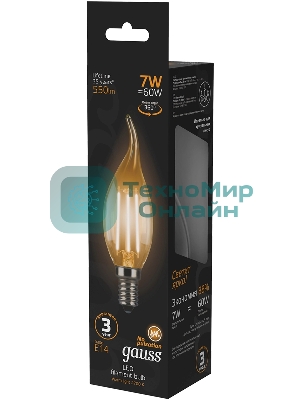 Лампа светодиодная Gauss Filament 7Вт цок.: E14 свеча 220B св. свеч. белый теп. CF35 (упак.: 10 шт) (104801107)