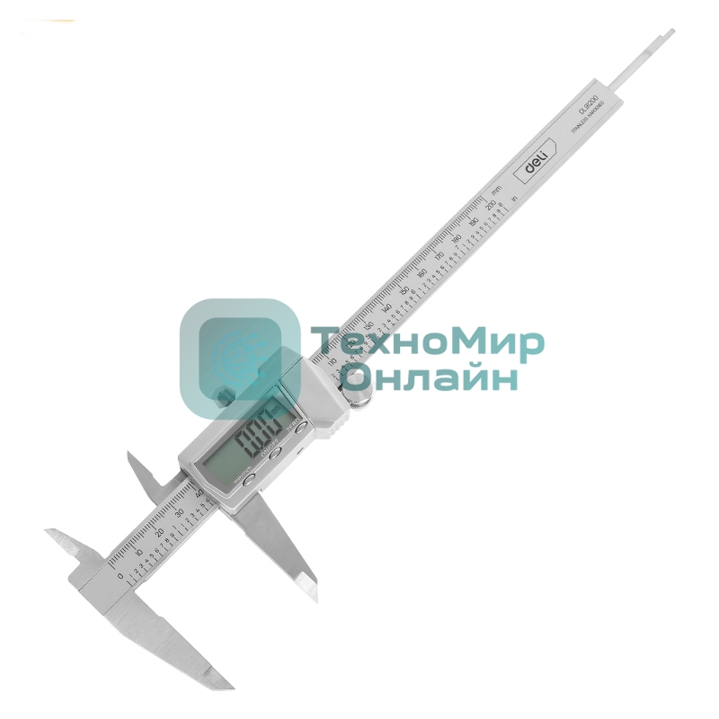 Электронный штангенциркуль Deli DL91200 200мм, метрическая/дюймовая конвертация, нержавеющая сталь, 3 кнопочное управление, светодиодный дисплей, 1,5В SR44.