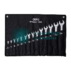 Набор комбинированных гаечных ключей 14 шт Deli DL130014A Спецификация: 6,7,8,9,10,11,12,13,14,15,17,19,22,24 мм. Матовая хромированная поверхность. Тканевая упаковка.