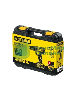 Дрель-шуруповерт STEHER CD-200-1, 20 В, 2 Ач, 45 Нм, бесщеточный