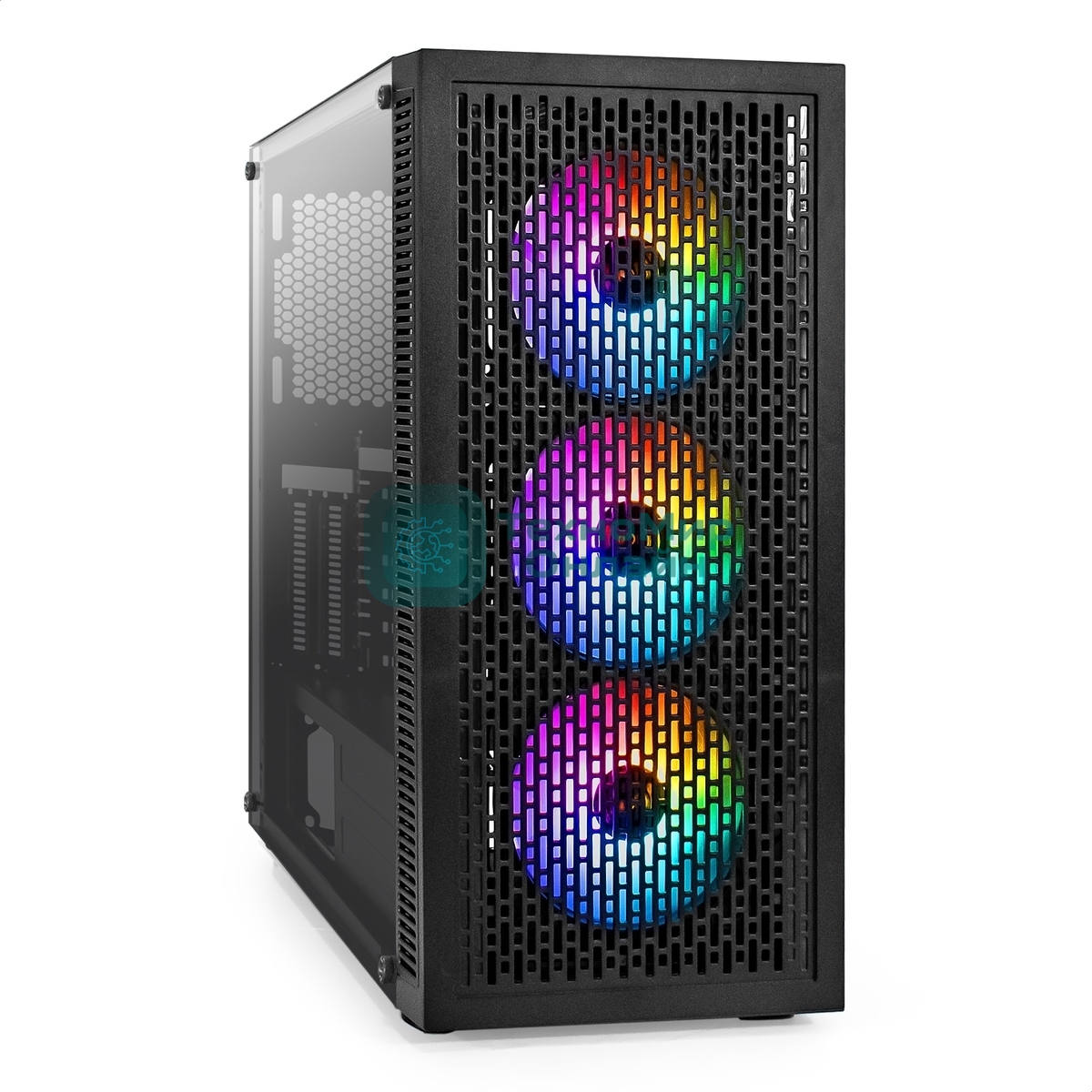 Компьютерный корпус Miditower ExeGate EVO-5001A-EVO800 (ATX, БП EVO800RGb с вент. 12 см, 2хUSB+1хUSB 3.0+HD Audio, черный, 3 вент.12см с RGb подсветкой, боковая панель - закаленное стекло)